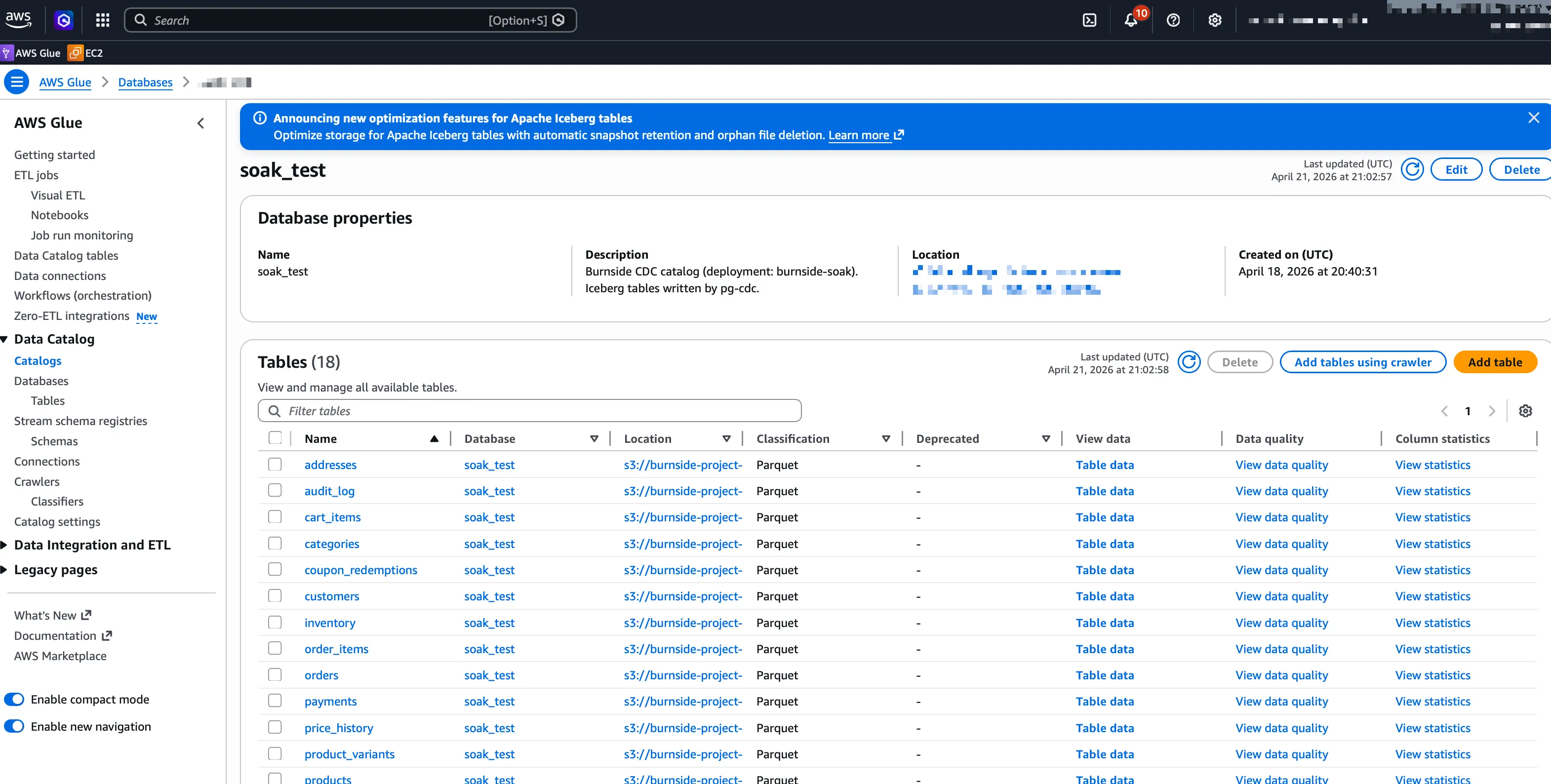 Glue Data Catalog with CDC-registered Parquet tables