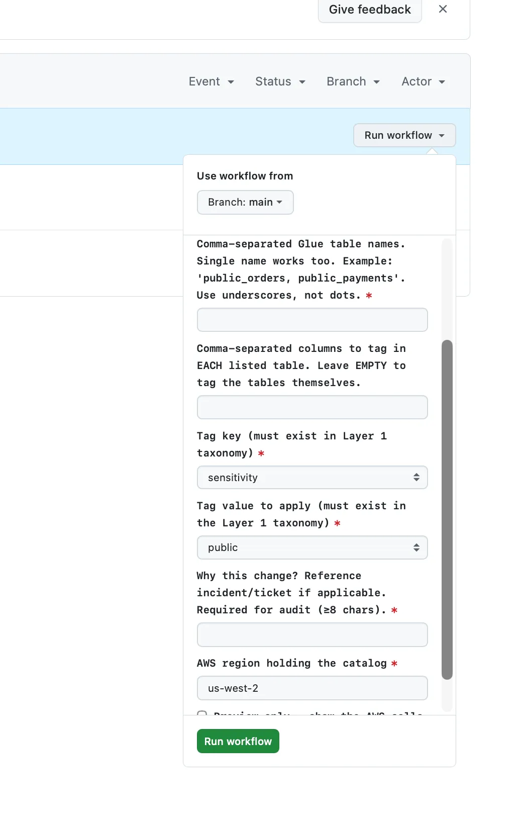 GitHub Actions workflow dispatch form for applying ACL tag changes