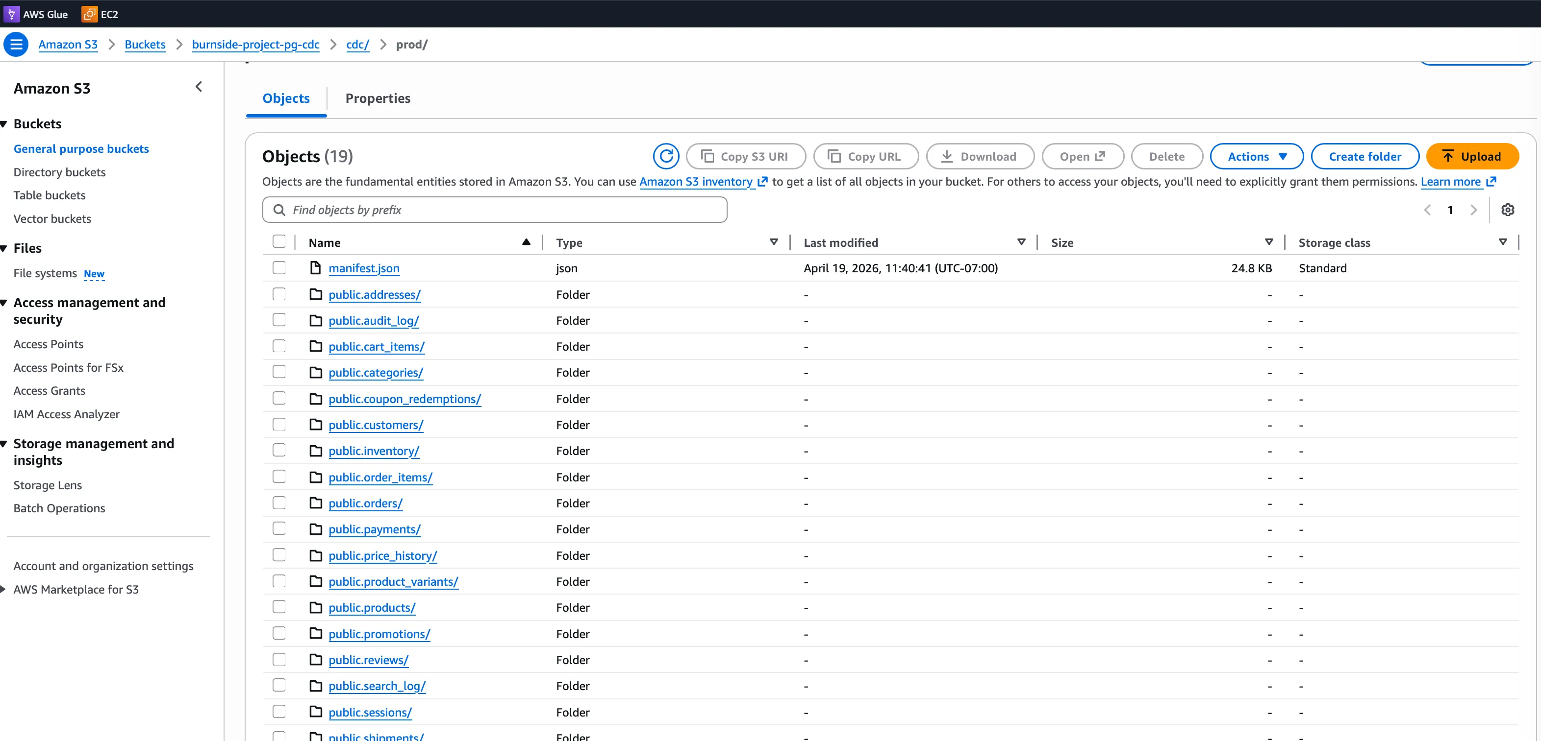 S3 Parquet output — per-table prefixes and manifest.json